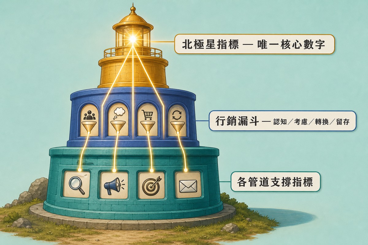 一座三層燈塔，頂層發光燈標示北極星指標唯一核心數字，中層四個窗口各有一個漏斗圖示標示行銷漏斗，底層四個嵌板分別是搜尋、社群、靶心、信封圖示標示各管道支撐指標，發光線由底層經中層匯聚到頂層燈光