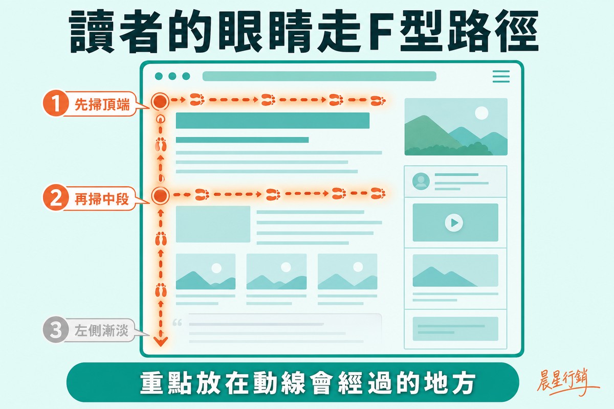一個網頁版面上疊著發光的橘色腳印路徑,先橫向掃過頁面頂端,再往下橫向掃過中段,最後沿左側垂直向下掃到底部,整條路徑合起來呈現字母F的形狀