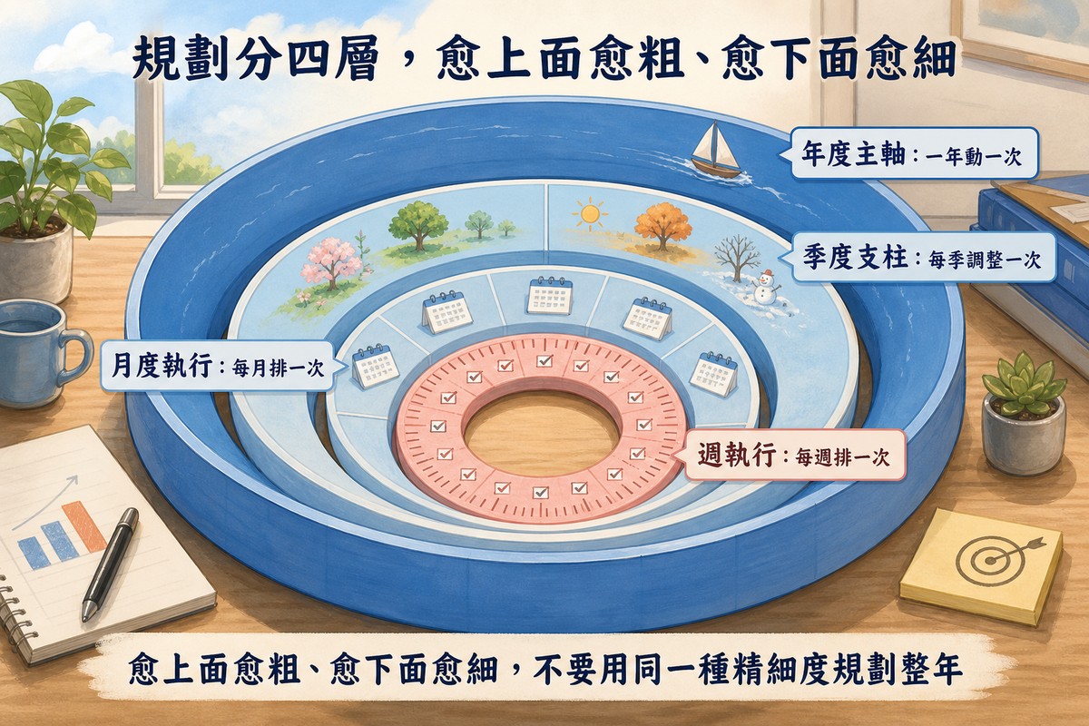 四個同心圓層層套疊像一組水池或靶心，從外到內依序是深藍色最外圈標示年度主軸一年動一次、中藍圈標示季度支柱每季調整一次、淺藍圈標示月度執行每月排一次、最內層珊瑚粉色小圈標示週執行每週排一次並畫著checklist勾選圖示，底部寫著愈上面愈粗、愈下面愈細，不要用同一種精細度規劃整年