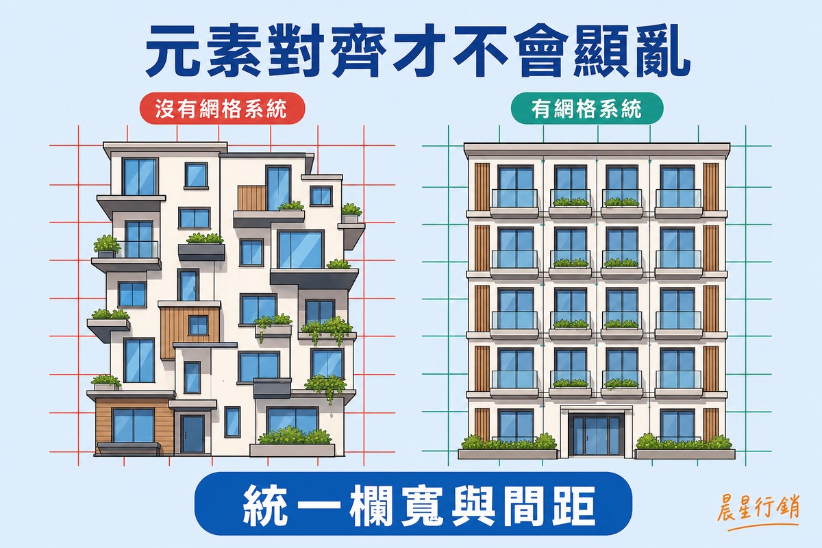 兩棟建築物外觀並排比較,左邊窗戶與陽台大小不一、高低錯落顯得雜亂;右邊窗戶與陽台整齊排成方正的行列,完全對齊背後的格線