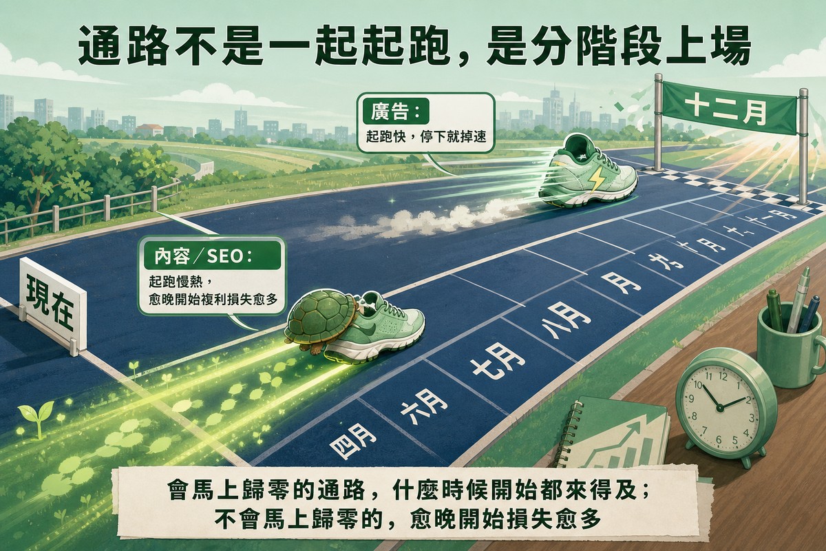 一條跑道上兩個角色在賽跑，起跑線標示現在、終點旗幟標示十二月；前方是一隻正在衝刺、腳下有速度線的跑鞋標示廣告：起跑快，停下就掉速；後方是一隻背著烏龜殼、腳下拖著一道發光生長軌跡的跑鞋標示內容／SEO：起跑慢熱，愈晚開始複利損失愈多，底部寫著會馬上歸零的通路什麼時候開始都來得及，不會馬上歸零的愈晚開始損失愈多
