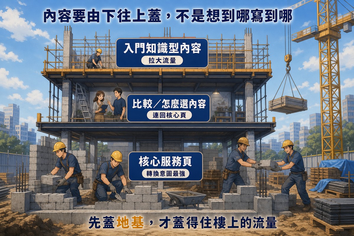 一棟正在施工興建中的三層樓建築，工人們正在最底層砌磚，地基樓層標示核心服務頁：轉換意圖最強；中間樓層有兩人在討論，標示比較／怎麼選內容：連回核心頁；最上層還有鷹架搭建中，標示入門知識型內容：拉大流量，旁邊有吊車正在吊送建材，底部寫著先蓋地基，才蓋得住樓上的流量