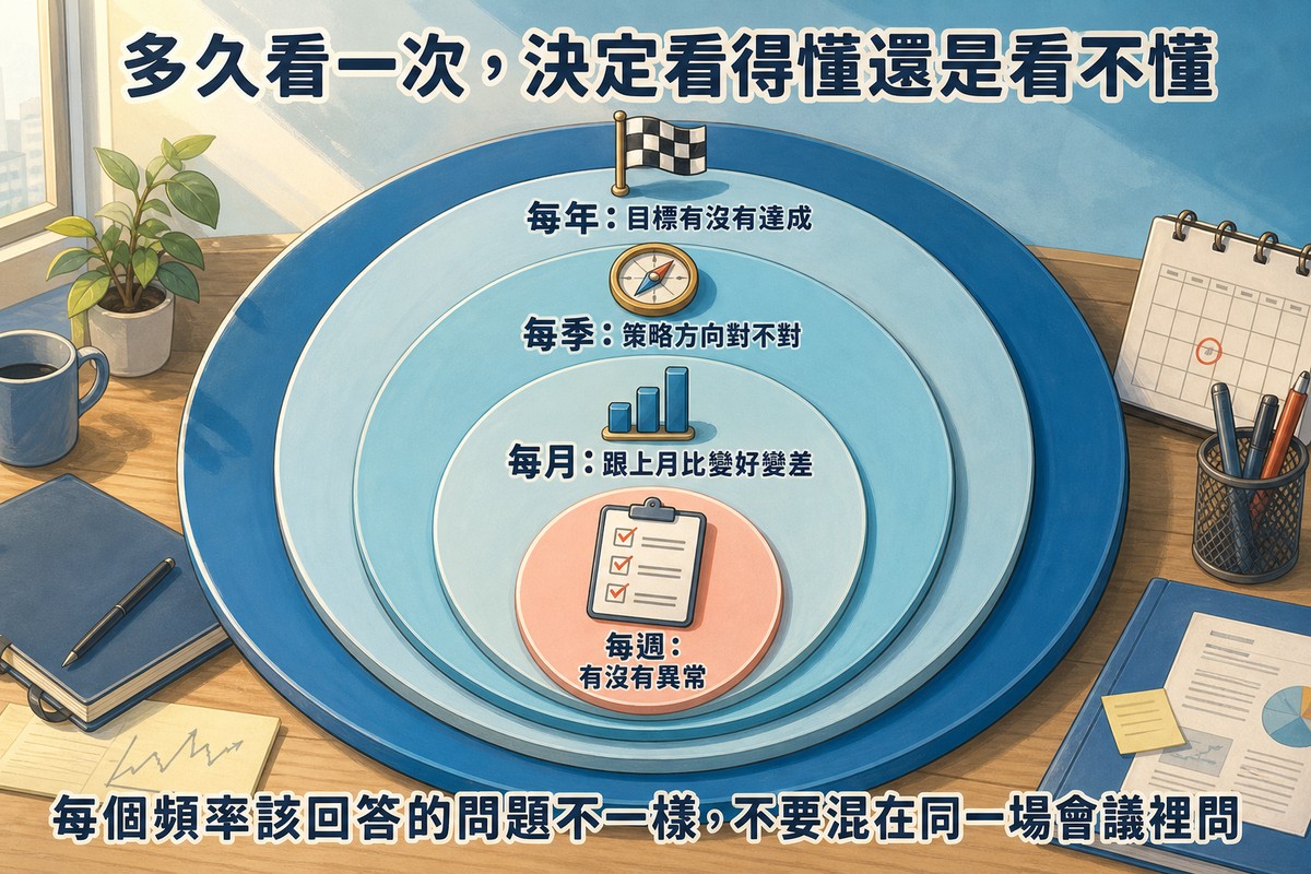 像飛鏢靶一樣的四層同心圓，從內到外：最內小圈是珊瑚粉色搭配checklist勾選圖示標示每週：有沒有異常；第二圈搭配長條圖圖示標示每月：跟上月比變好變差；第三圈搭配指南針圖示標示每季：策略方向對不對；最外大圈搭配旗幟圖示標示每年：目標有沒有達成，底部寫著每個頻率該回答的問題不一樣，不要混在同一場會議裡問