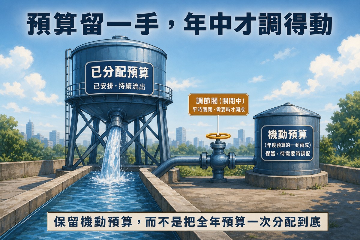 側面示意圖，左邊是一座高大的藍色水塔標示已分配預算：已安排持續流出，水流穩定注入下方水槽；右邊是一座較小的水塔標示機動預算：年度預算的一到兩成，保留待需要時調配，兩座水塔之間有一個閥門管線連接，閥門標示調節閥：關閉中，平時關閉需要時才開成，底部寫著保留機動預算，而不是把全年預算一次分配到底