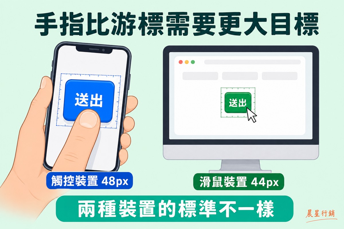 左邊一支手機被手拿著,指腹完整壓在較大的送出按鈕上並標示48像素;右邊一台桌上型電腦,滑鼠游標精準指向較小的送出按鈕並標示44像素