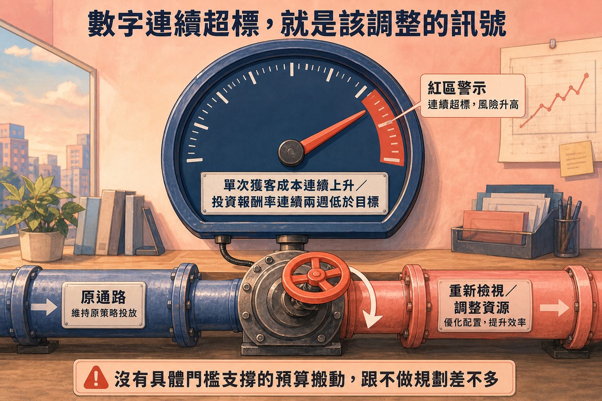一個大型類比儀表板，指針正擺向右側紅色警戒區，標示紅區警示：連續超標，風險升高，儀表板下方寫著單次獲客成本連續上升／投資報酬率連續兩週低於目標；儀表板連接一條管線閥門，正把水流從左側藍色管線標示原通路：維持原策略投放，重新導向到右側橘色管線標示重新檢視／調整資源：優化配置提升效率，底部寫著沒有具體門檻支撐的預算搬動，跟不做規劃差不多
