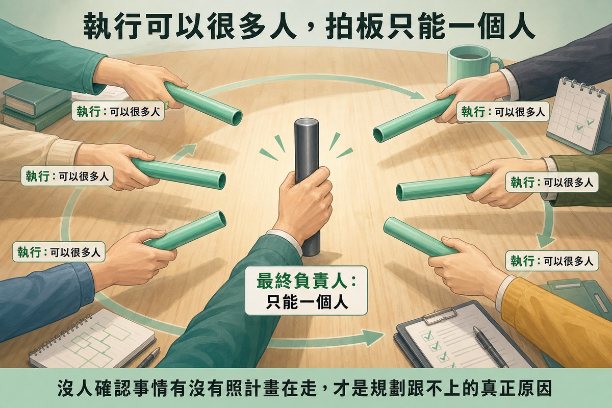 會議桌上方多隻手臂從四面八方伸入畫面，每隻手都拿著綠色接力棒指向中央並標示執行：可以很多人，只有正中央一隻手牢牢握住深灰色接力棒不放，標示最終負責人：只能一個人，底部寫著沒人確認事情有沒有照計畫在走，才是規劃跟不上的真正原因