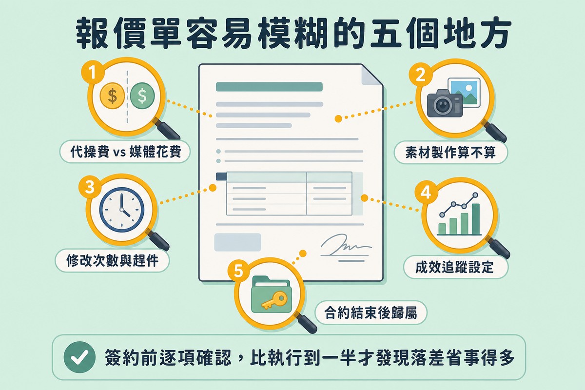 一份報價合約文件上有五個放大鏡圈出五個容易模糊的地方，分別標示代操費與媒體花費、素材製作、修改次數與趕件、成效追蹤設定、合約結束後歸屬