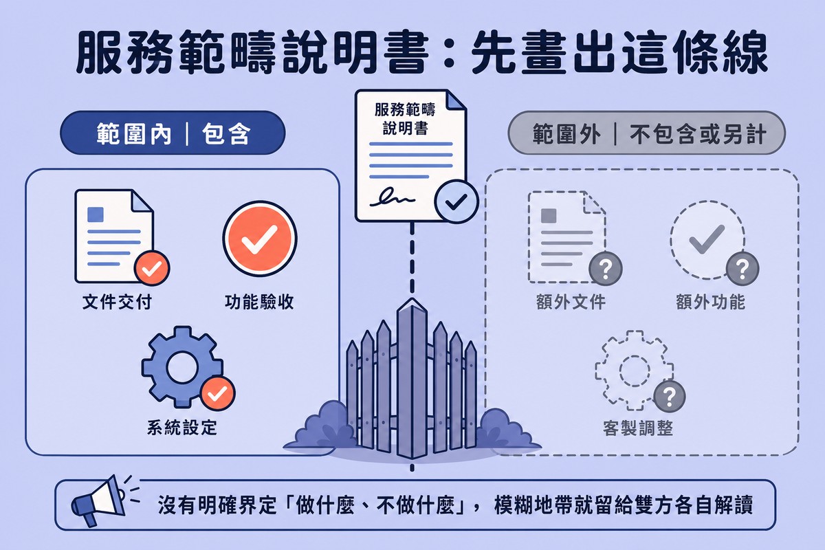 一道圍籬把畫面分成左右兩區，左邊範圍內放著文件與打勾圖示代表包含的項目，右邊範圍外放著灰階虛線圖示與問號代表不包含或另計的項目，一份合約圖示橫跨在圍籬上方