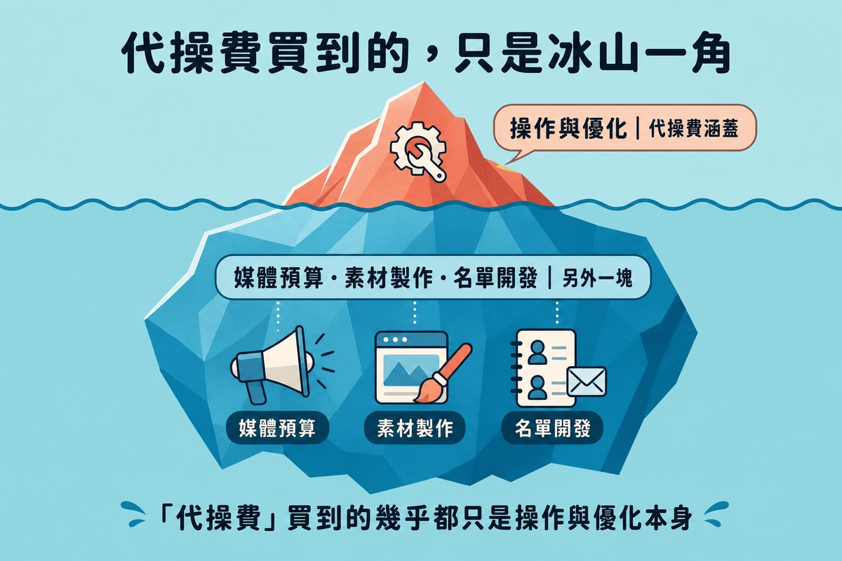 一座冰山，水面上露出的小尖端標示操作與優化代操費涵蓋，水面下龐大的冰山本體裡有廣告花費、素材製作、名單開發三個圖示代表另外一塊隱藏成本