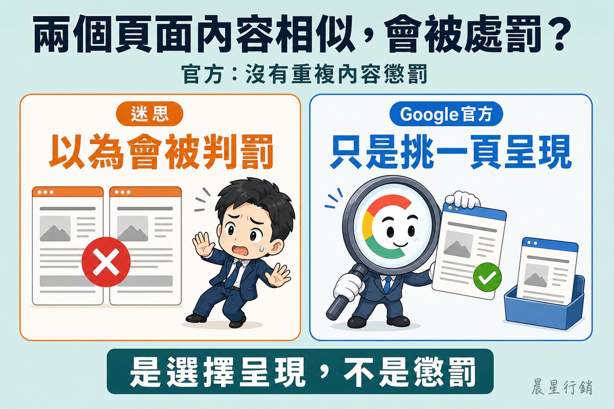 左側橘色卡片畫兩份一模一樣的文件被蓋上大大的紅色叉叉,業主嚇一跳,標「迷思:以為會被判罰」;右側藍色卡片畫Google角色平靜地挑出其中一份打勾、另一份放一邊,標「Google官方:只是挑一頁呈現」