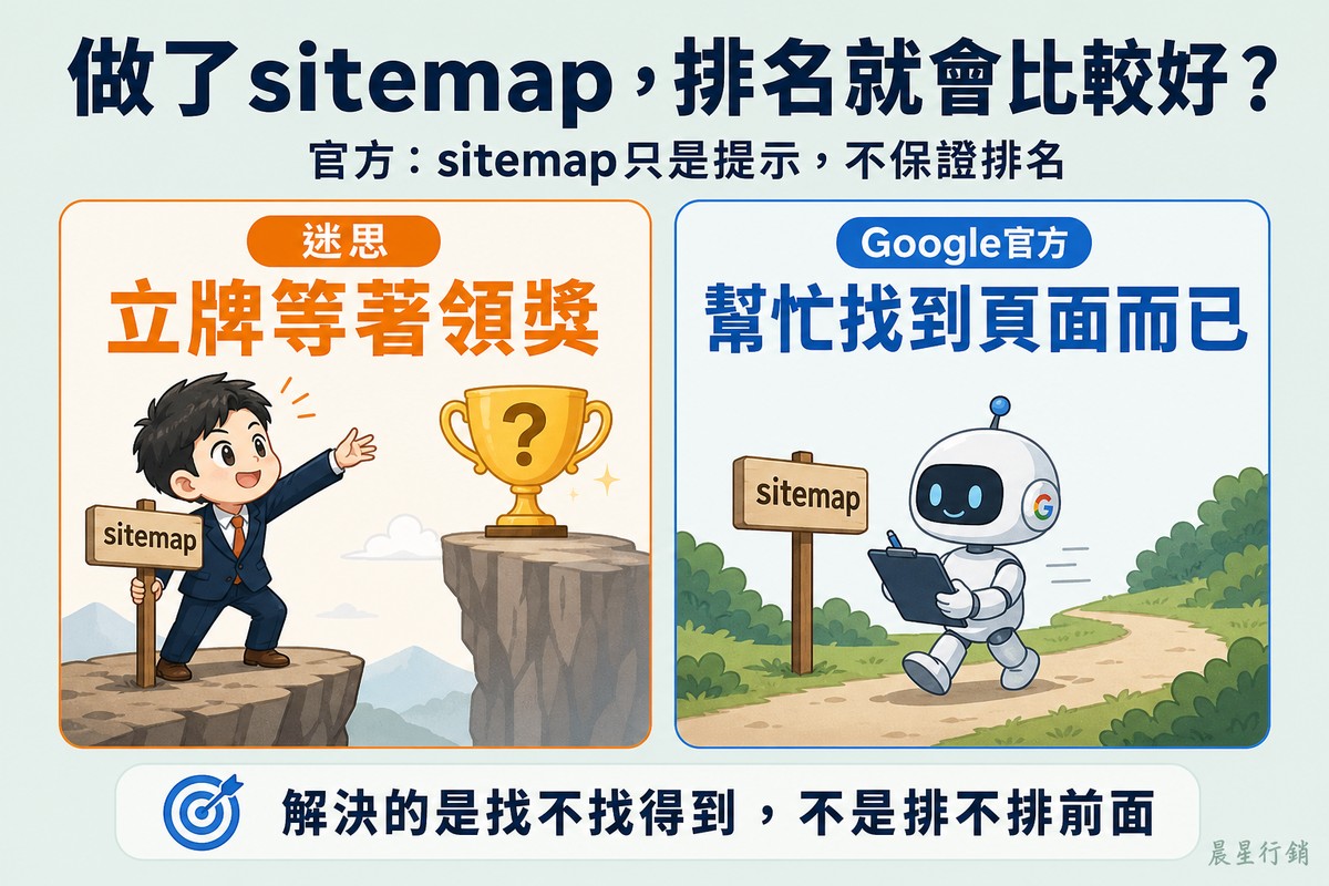 左側橘色卡片畫業主插好sitemap路標、伸手期待遠方的獎盃,標「迷思:立牌等著領獎」;右側藍色卡片畫小機器人只是平靜地在筆記本上記下路標,標「Google官方:幫忙找到頁面而已」
