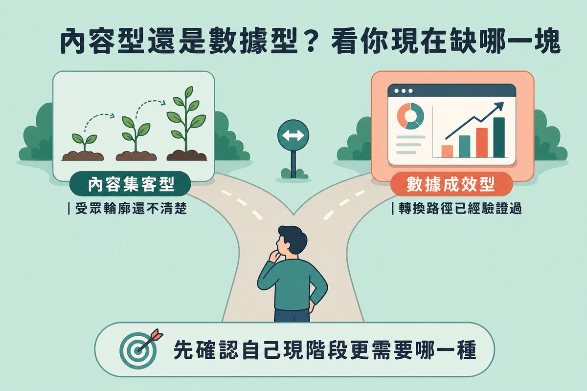 一條路分岔成兩條，左邊通往一株幼苗成長的圖示代表內容集客型服務商，右邊通往一個上升長條圖儀表板代表數據成效型服務商，岔路口站著一個代表企業主的小人物在做選擇