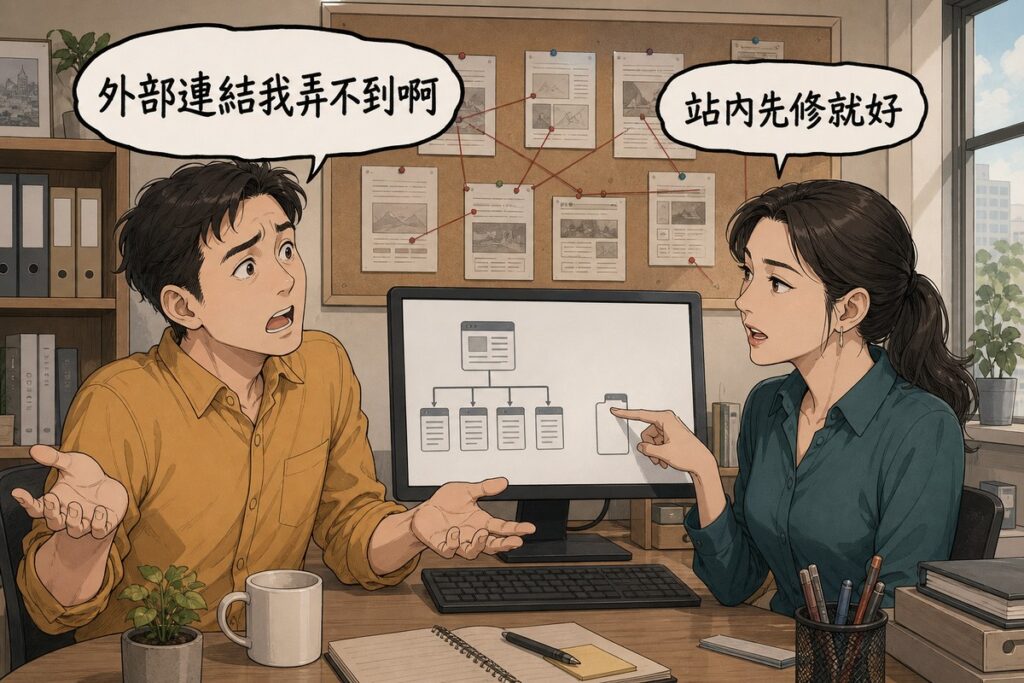 一位網站經營者與一位SEO顧問在辦公室對談，經營者攤手說「外部連結我弄不到啊」，顧問指著螢幕上一個沒有任何連線的孤立節點回應「站內先修就好」