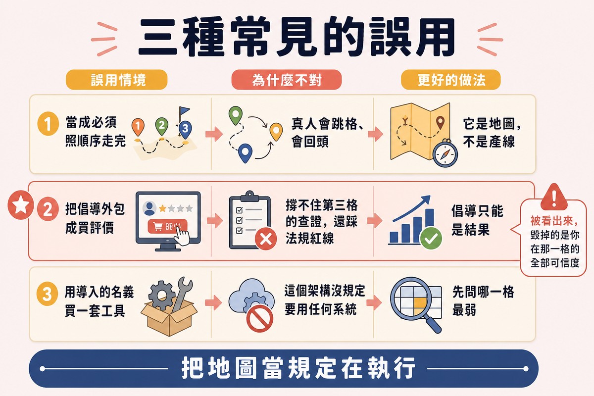 圖上方寫「三種常見的誤用」,三列分別是當成必須照順序走完、把倡導外包成買評價、用導入名義買工具,各自附上為什麼錯與比較對的想法,第二列加星號。