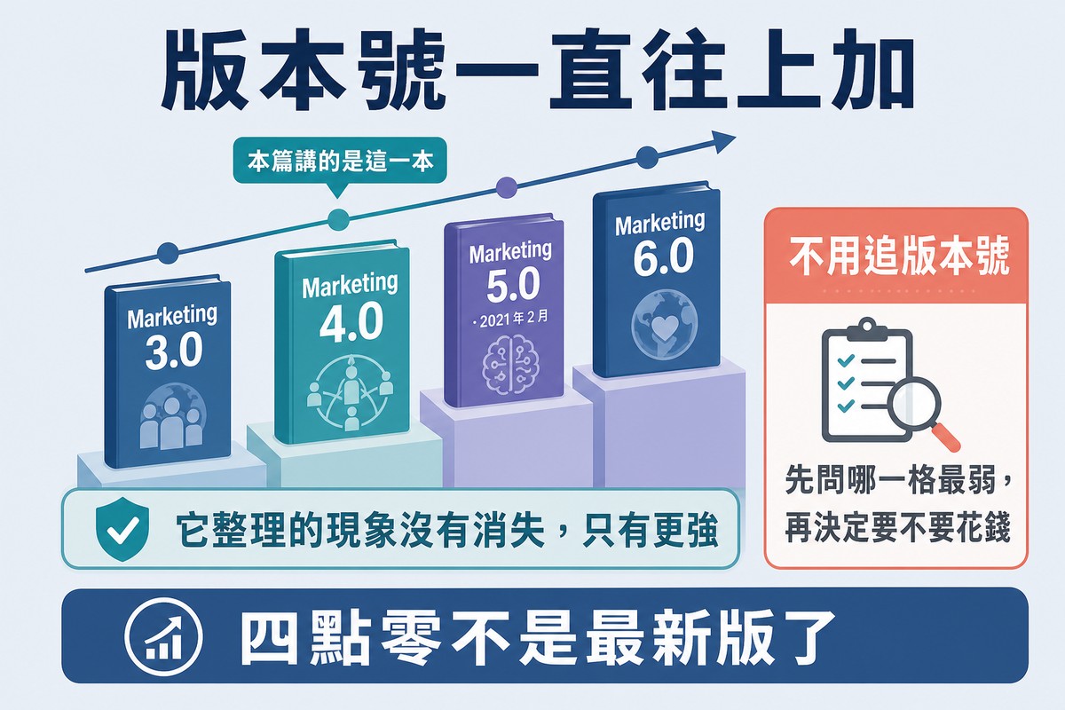 圖上方寫「版本號一直往上加」,四張書卡由左至右排開,行銷4.0 那張被標亮並註明本篇講的是這一本,右側一張結論卡寫著不用追版本號。