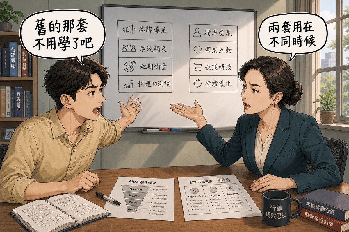 一位年輕行銷人與一位行銷講師在教室角落對談,年輕人揮手指著白板左欄說「舊的那套不用學了吧」,講師同時比向兩欄回應「兩套用在不同時候」