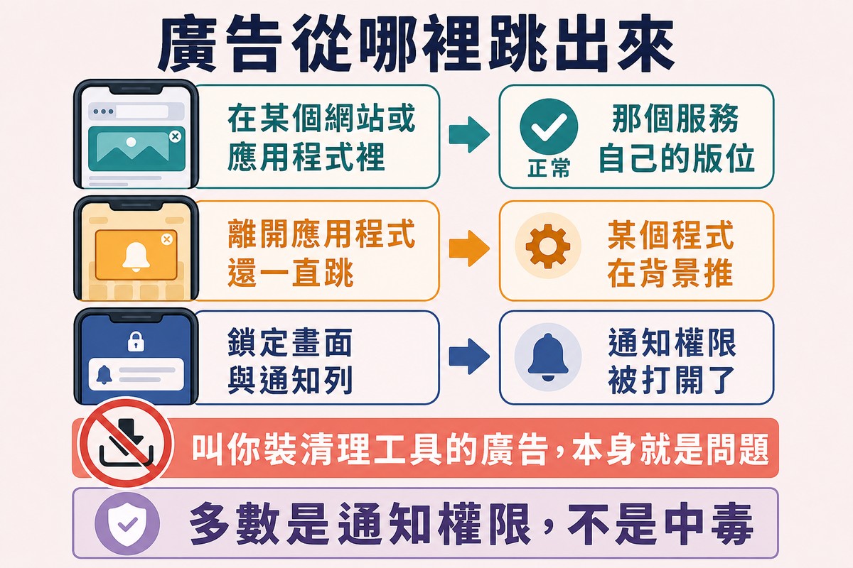 三列情境各配一支手機示意圖與可能的來源,下方一條警示帶標示叫你安裝清理工具的廣告本身就是問題