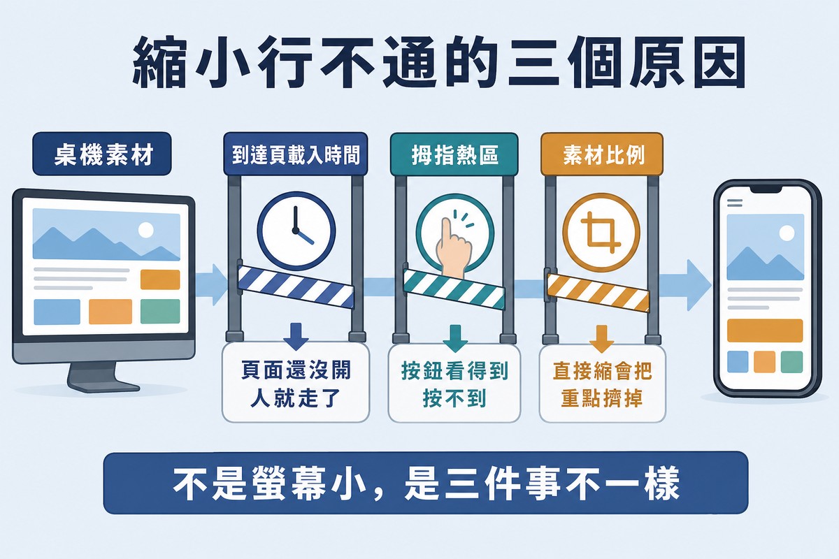 一個橫式桌機素材沿著箭頭往右走,途中被三道關卡擋下,分別是到達頁載入時間、拇指熱區與素材比例