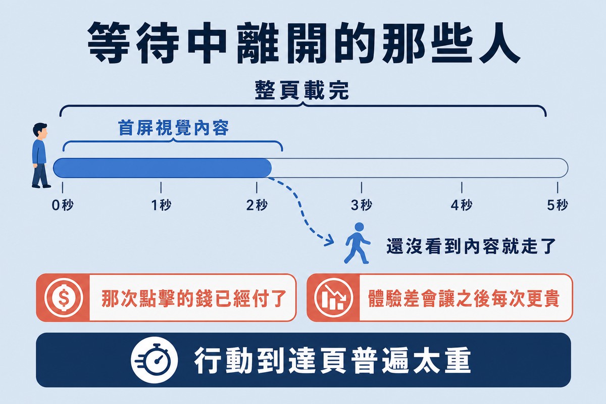 一條標著秒數的載入進度條,一個人形在中途以虛線箭頭離開,下方兩個標籤說明那次點擊的錢已經付了、體驗差還會讓之後更貴