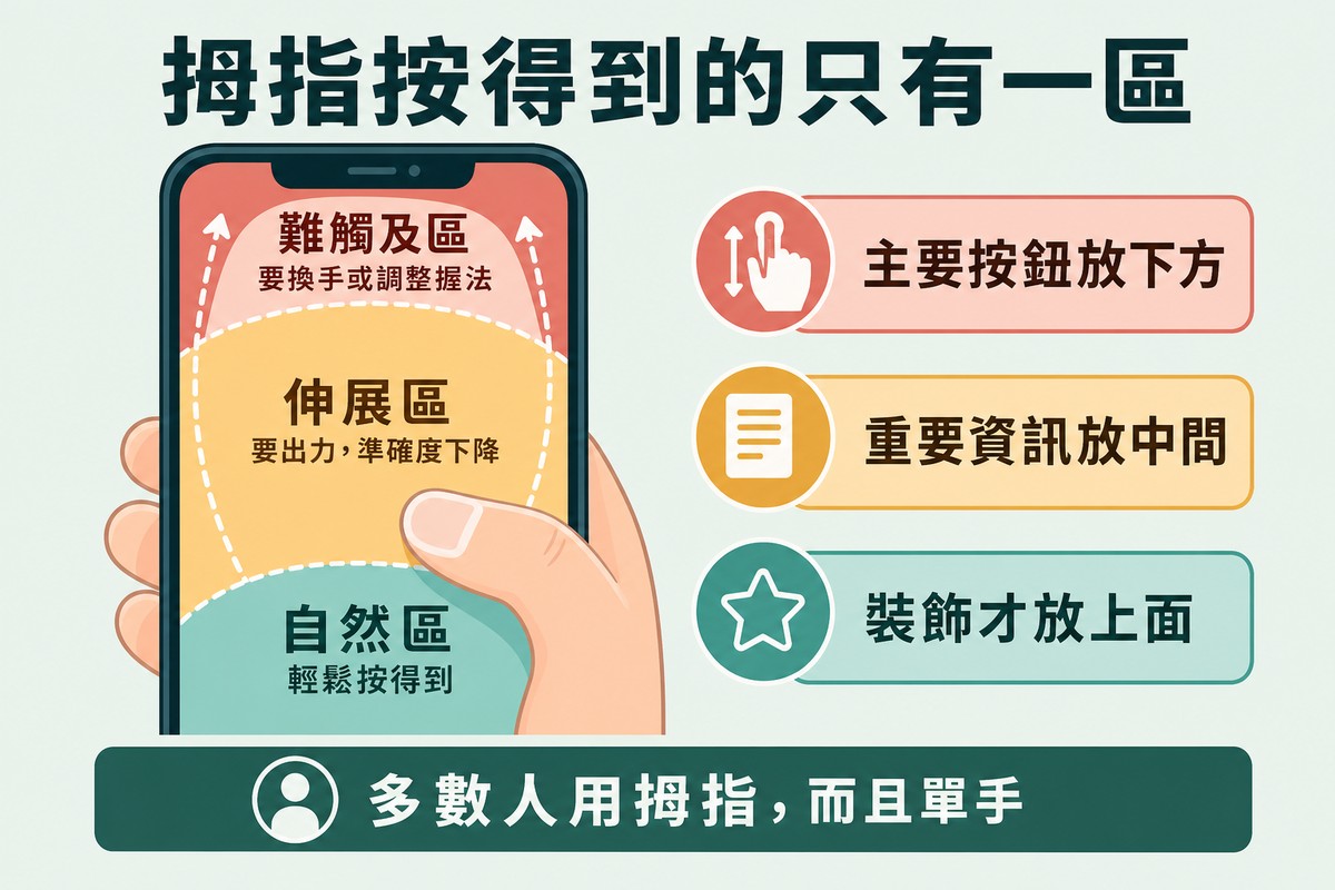 一支手機畫面被一道拇指弧線分成三個區域,由下而上分別是自然區、伸展區與難觸及區,右側三行版面建議