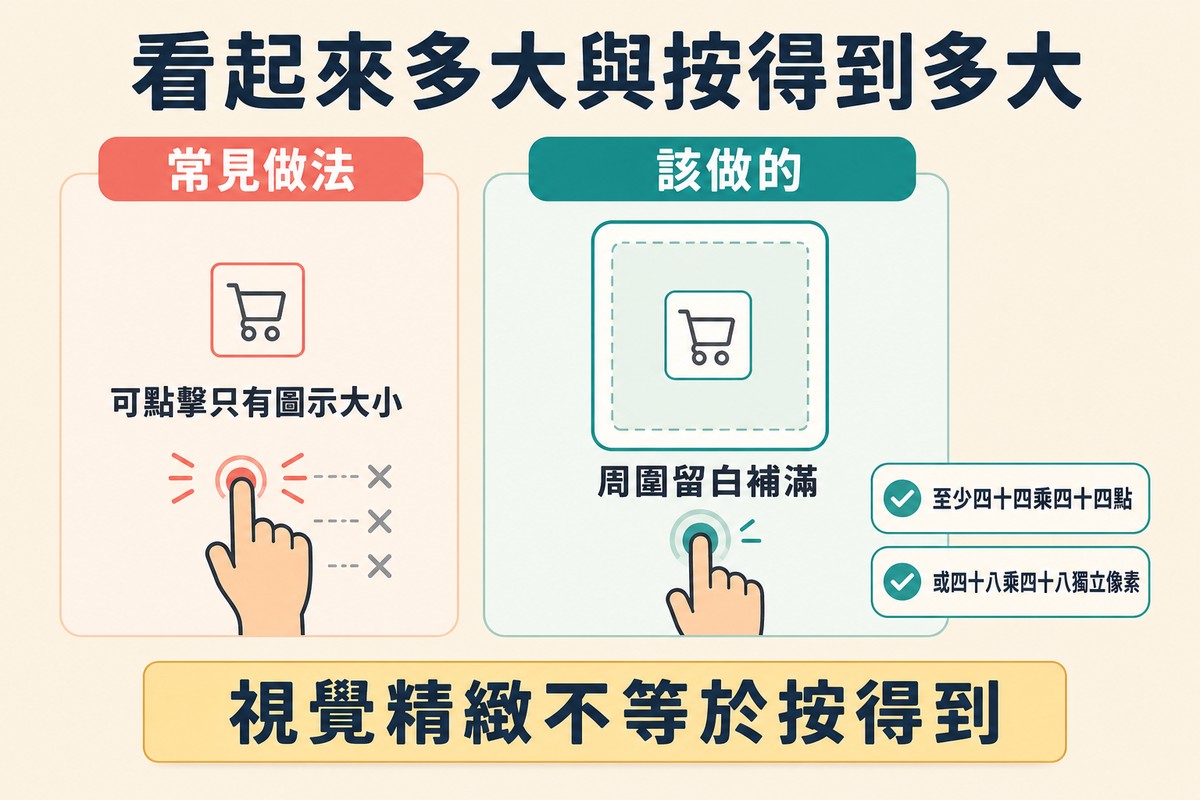 左邊按鈕的可點擊範圍緊貼著圖示、旁邊三次點擊只中一次,右邊同一個圖示被更大的留白方框包住、一次就點中