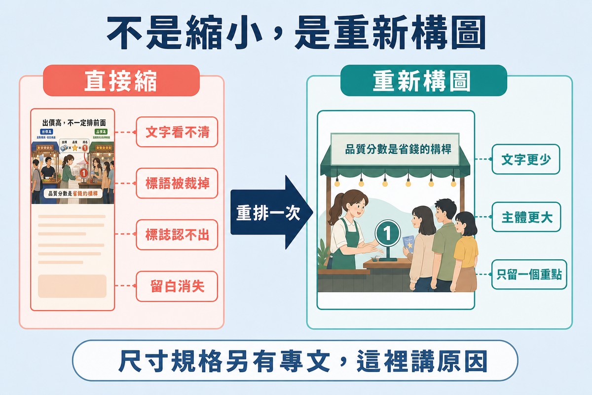 左邊橫式版面被硬擠進直式框並標出四個問題,右邊是重新排過的直式版面,只留一個主體與很少的文字