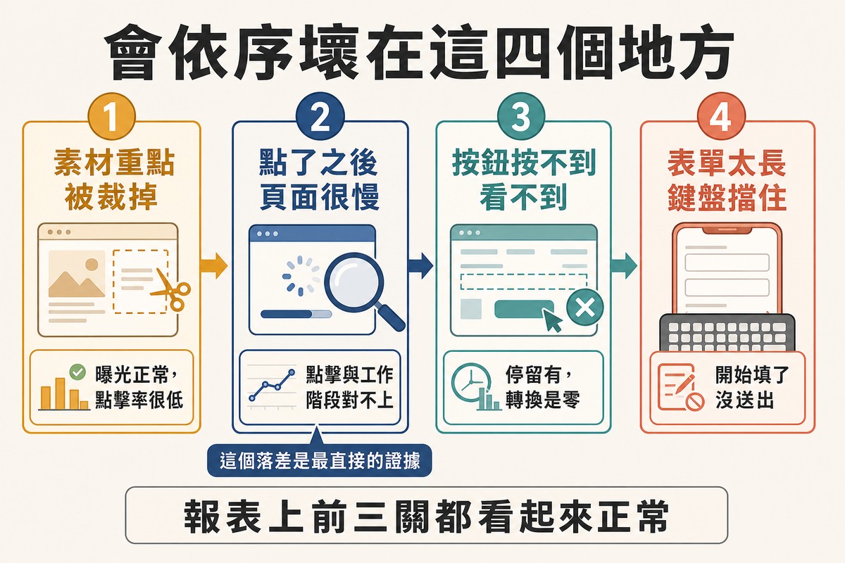 四個階段以箭頭相連,分別是素材被裁、頁面太慢、按鈕按不到、表單填不完,各附一句報表上的徵兆