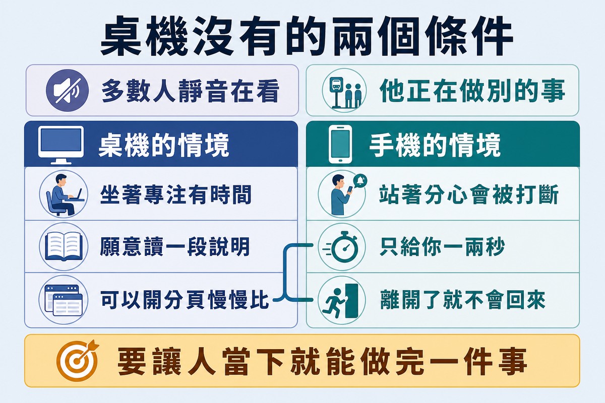 上方兩個環境標籤是靜音瀏覽與正在做別的事,下方左右兩欄對照桌機與手機的情境,最後一列以較粗的連接線標出