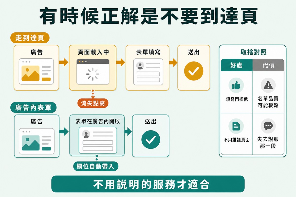 上排流程要經過頁面載入並標出流失點,下排流程直接在廣告裡開表單,右側一個好處與代價的對照小表