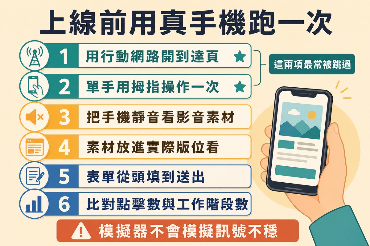 六個編號檢查項目各配一個圖示,前兩項用行動網路開頁與單手拇指操作加上星號並註記最常被跳過