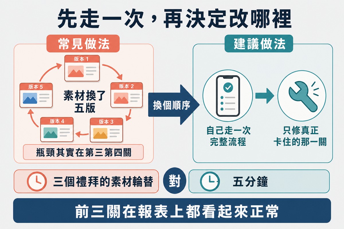 左邊五個素材版本繞成一個封閉的循環標示素材換了五版,右邊是一條先自己走完流程再只修那一關的直線路徑