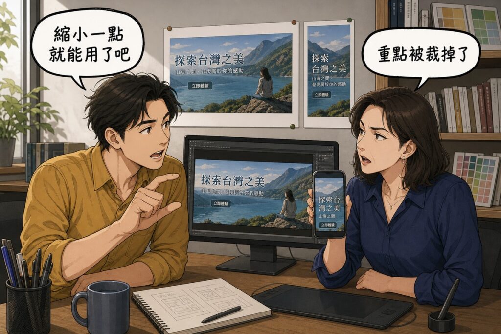 一位設計師與一位媒體採購在工作室對談,設計師做出縮小的手勢說「縮小一點就能用了吧」,採購舉起手機顯示被裁切的結果回應「重點被裁掉了」