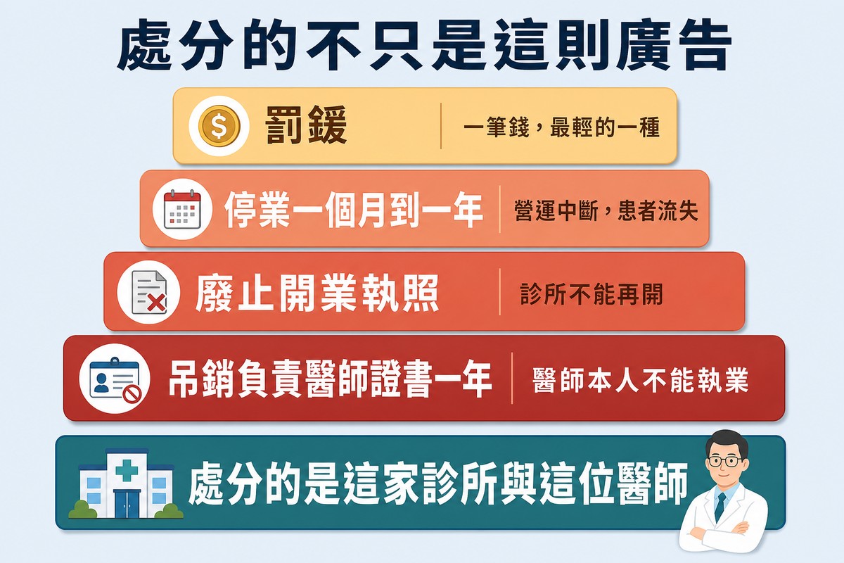 四條由上而下逐漸加寬加深的處分長條,依序是罰鍰、停業、廢止開業執照與吊銷醫師證書一年