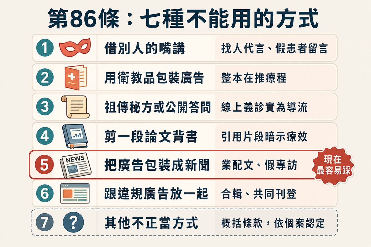 七列禁止方式清單,各附白話意思與實際樣貌,第五款藉採訪或報導被標為現在最容易踩