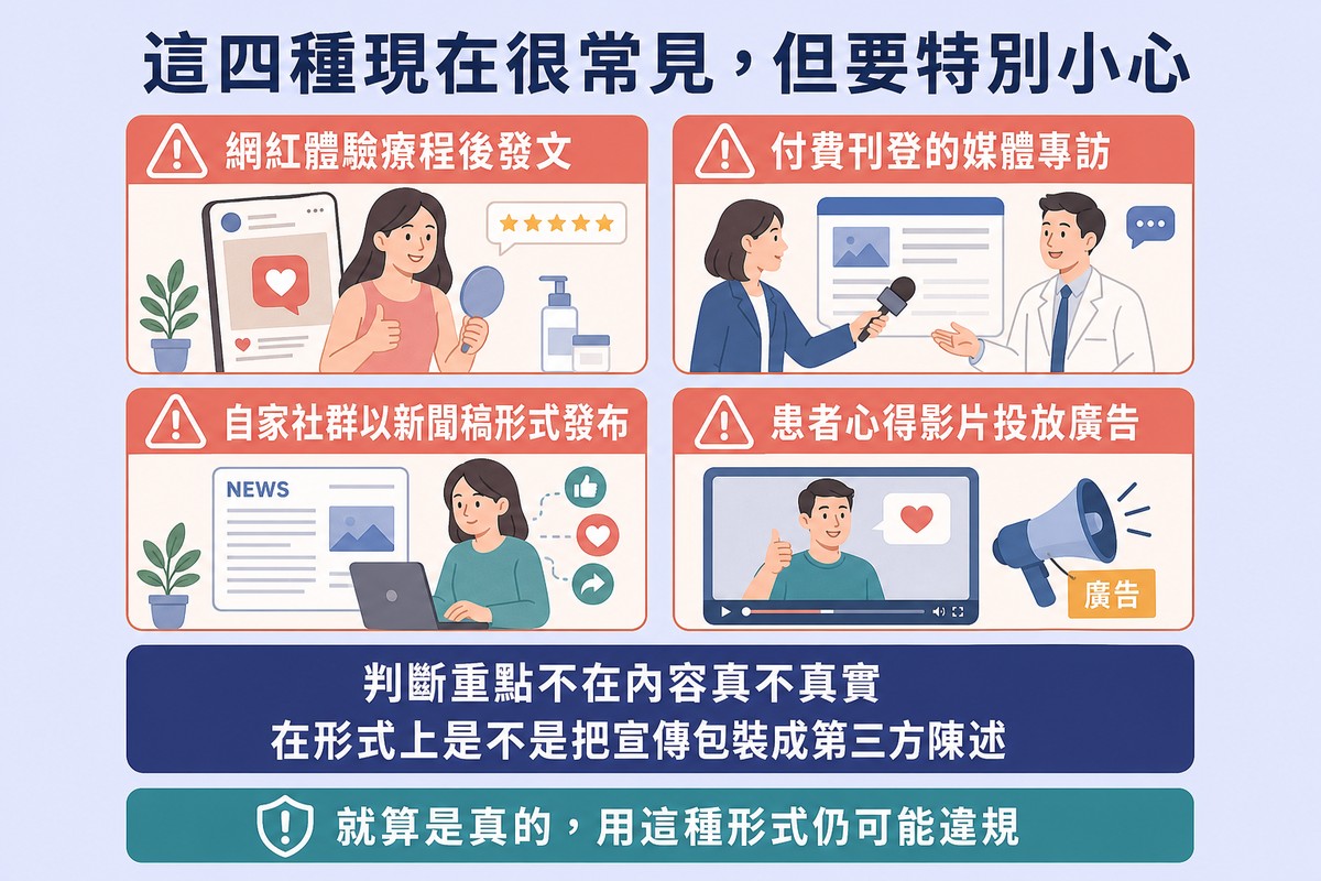 四張帶警示標記的卡片,分別是網紅發文、付費專訪、自家新聞稿形式與患者心得影片,下方是判斷原則