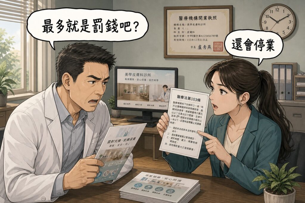 一位穿白袍的診所院長與一位行銷顧問在辦公室對談,院長拿著宣傳單,氣泡寫「最多就是罰錢吧?」,顧問舉著法條頁面回應「還會停業」