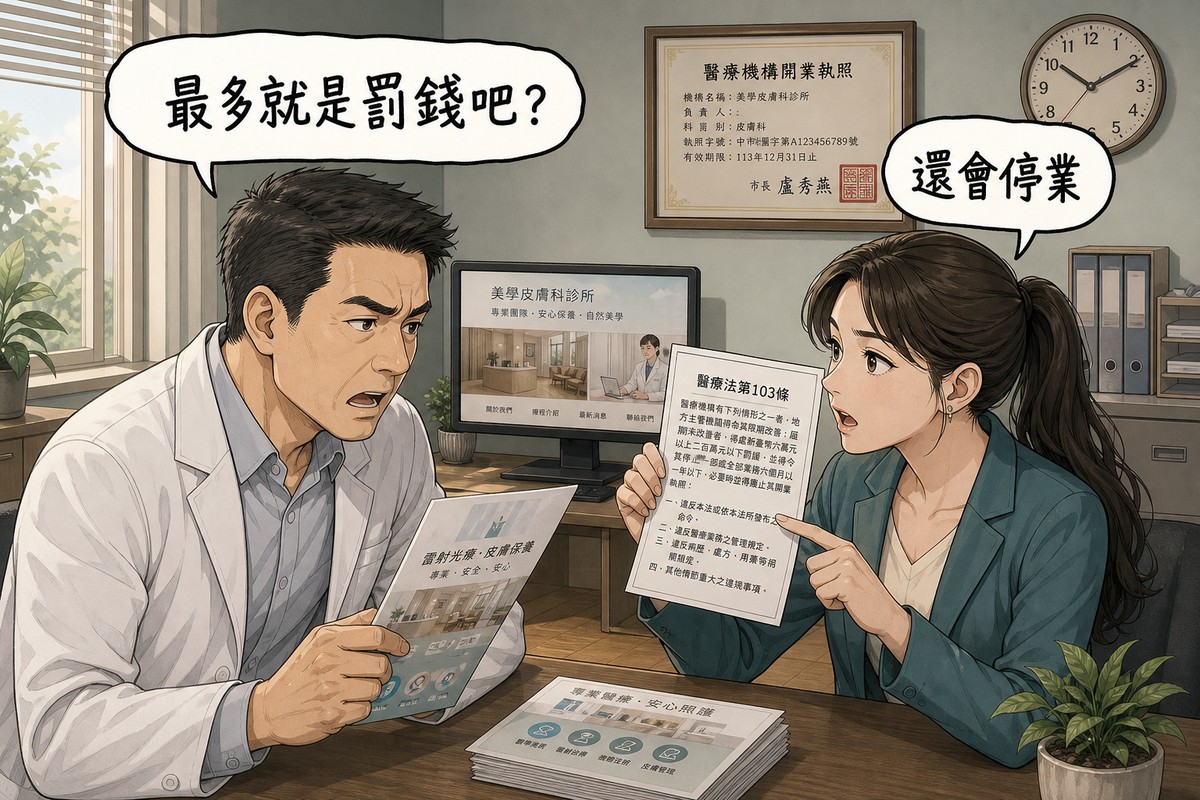 一位穿白袍的診所院長與一位行銷顧問在辦公室對談,院長拿著宣傳單,氣泡寫「最多就是罰錢吧?」,顧問舉著法條頁面回應「還會停業」