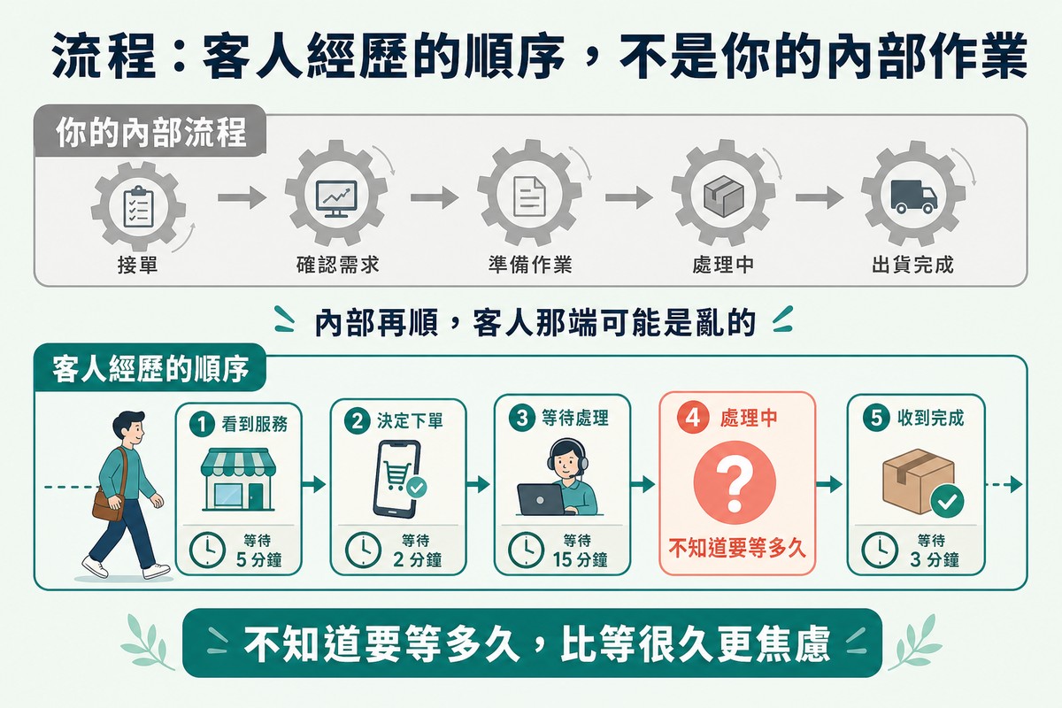 上方灰色的內部齒輪流程對比下方實色的客人經歷順序,其中一步標示不知道要等多久