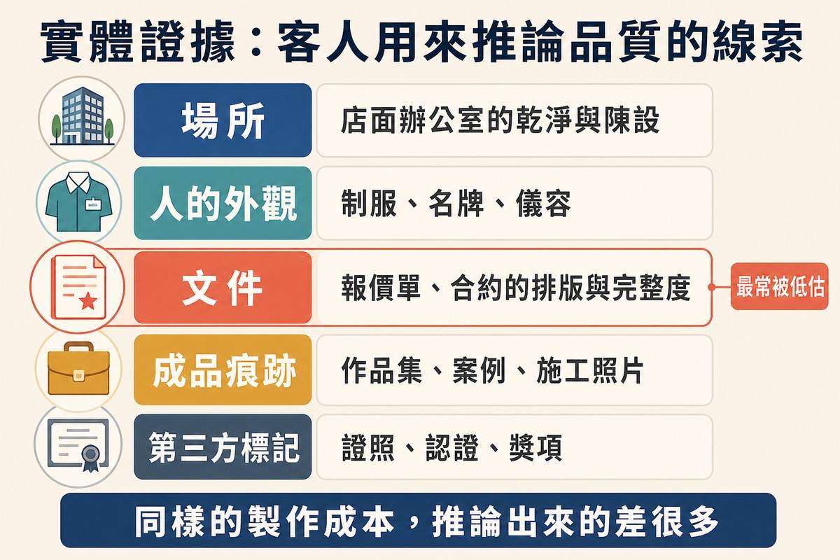 五列實體證據類型,分別是場所、人的外觀、文件、成品痕跡與第三方標記,文件那列被標為最常被低估