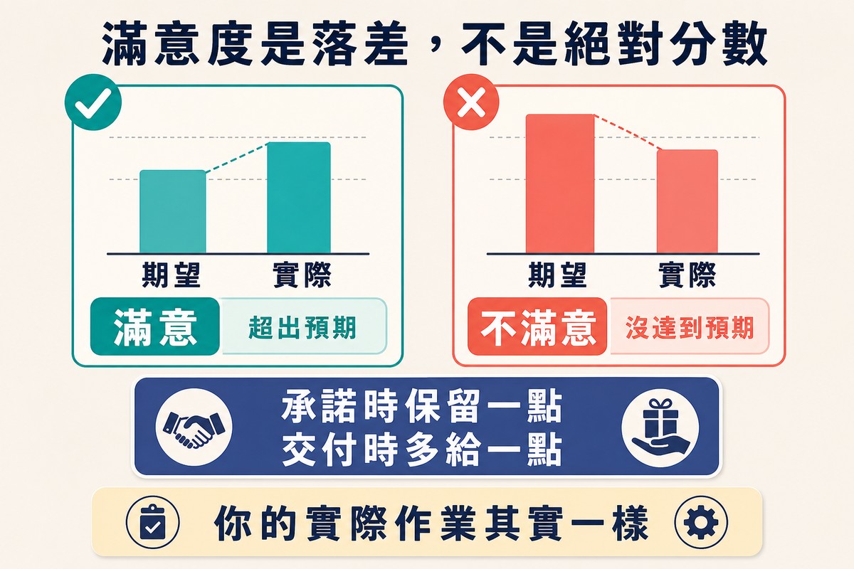 兩組期望與實際的長條對照,低期望配普通實際判為滿意,高期望配不錯實際判為不滿意