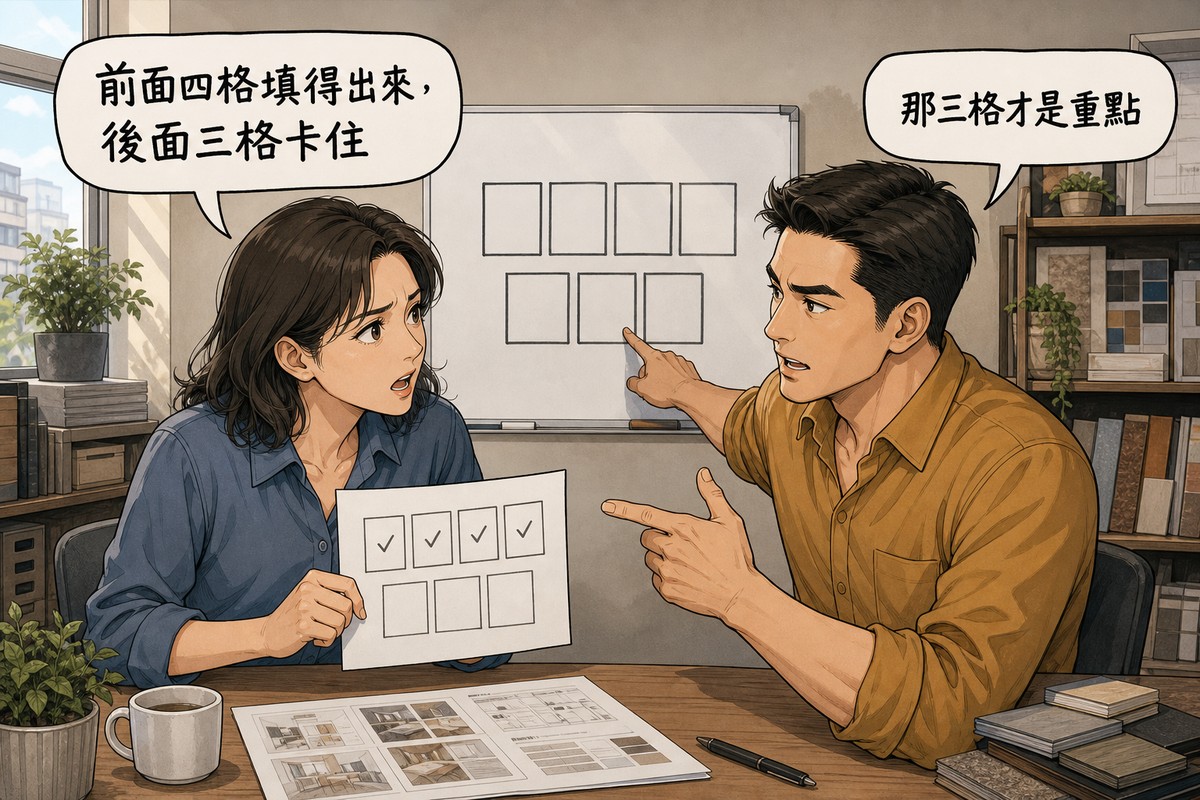 一女一男在設計工作室對談,女方拿著後三格空白的表單,氣泡寫「前面四格填得出來,後面三格卡住」,男方指著白板上的後三格回應「那三格才是重點」