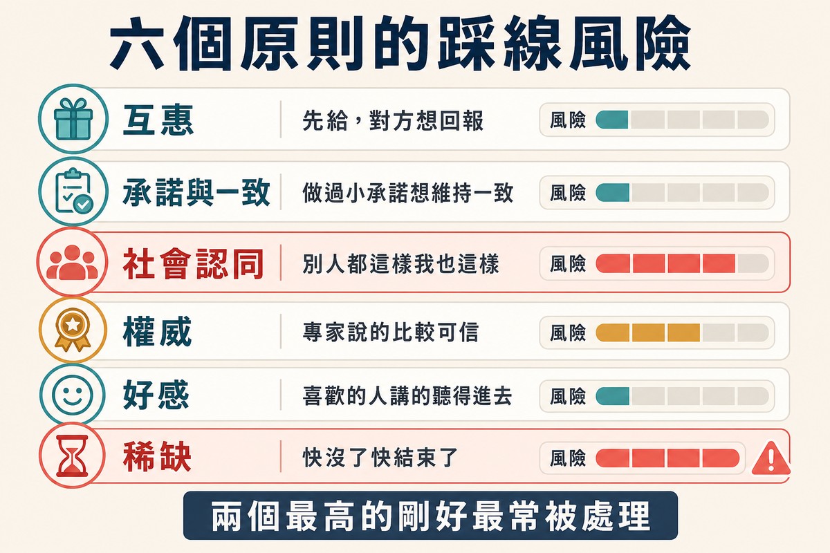 六列影響力原則各配一句說明與一條踩線風險量表,稀缺與社會認同兩列的量表最長並被標出