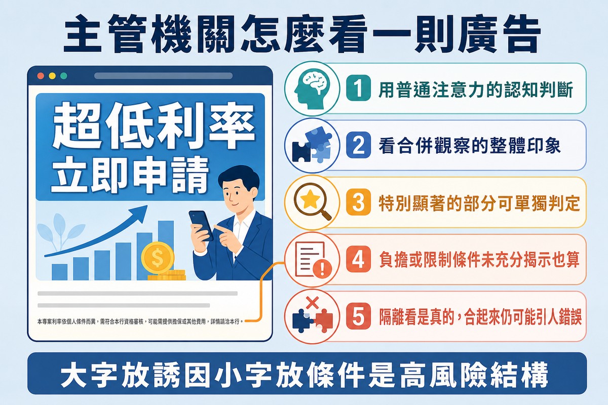 左邊一個大標題配極小字條件的廣告版面,右邊五列判斷準則,其中一列以連接線指向那行小字