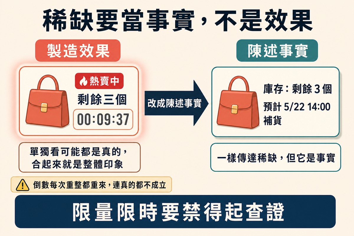 左邊堆滿倒數計時、熱賣標籤與剩餘數量的商品卡片被急迫感包圍,右邊同一張卡片只用一行話說明庫存與補貨時間