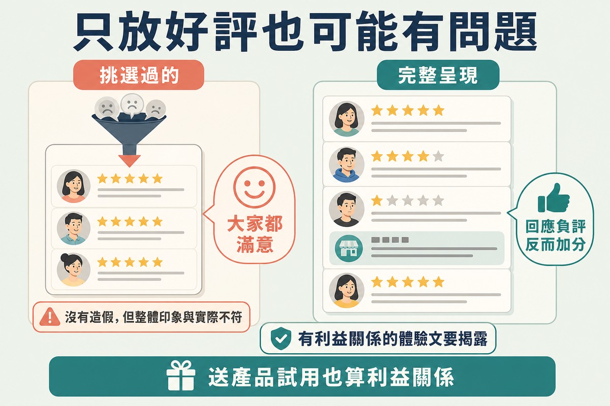 左邊評價牆經過漏斗過濾只剩笑臉,形成大家都滿意的印象泡泡;右邊評價牆好壞並陳,其中一則負評下方有店家回覆