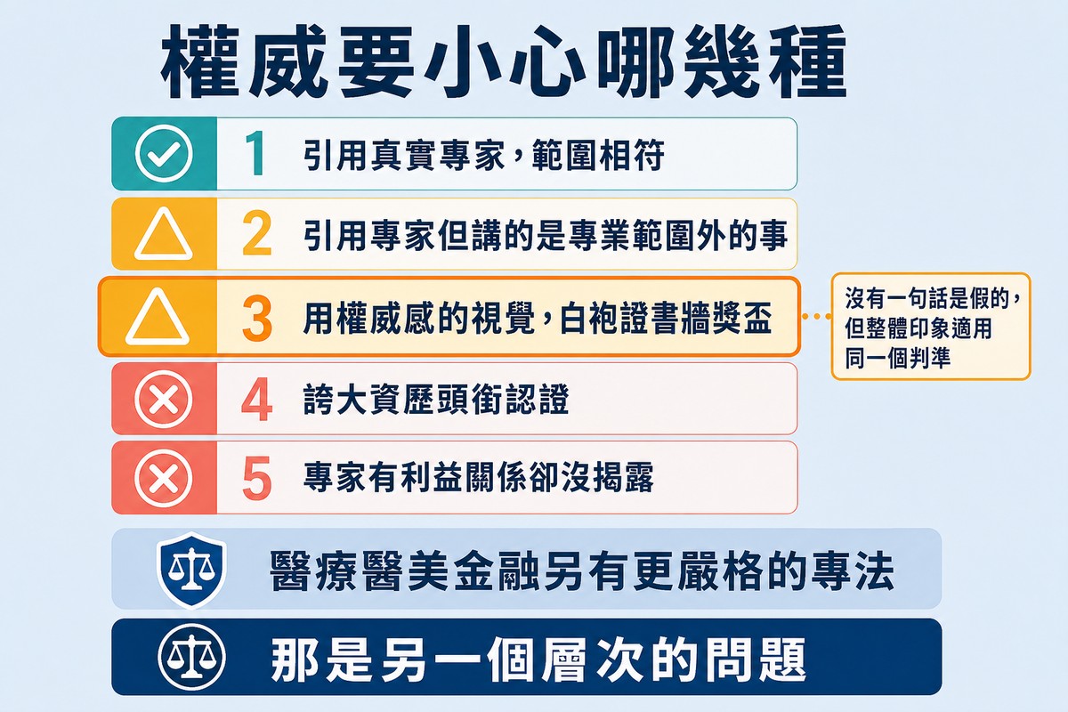 五列權威使用情境各配一個判定標記,從可以到不可以,其中視覺暗示那一列被特別標出