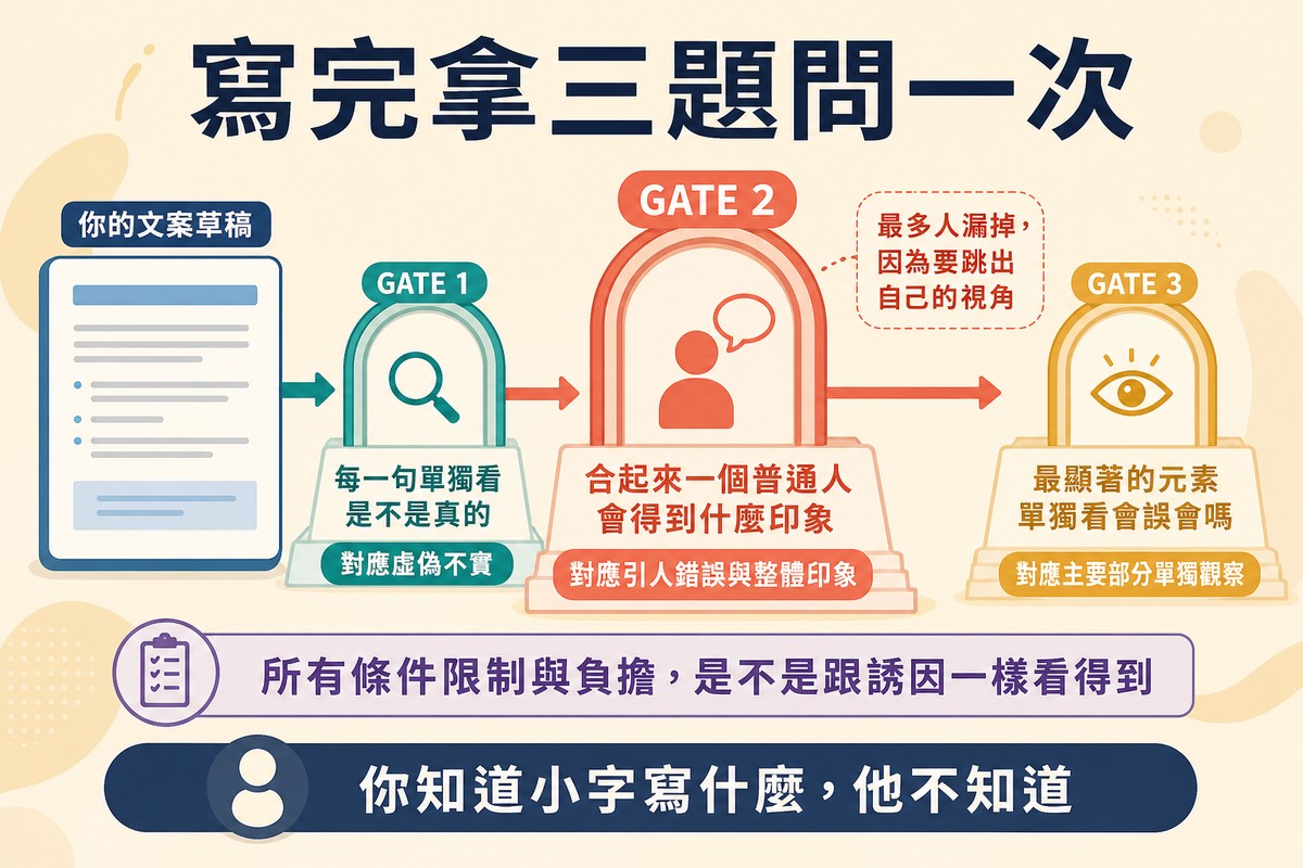 一份文案稿依序通過三道問題閘門,各標出對應的判準,第二道畫得最大,下方另有一條補充問題帶
