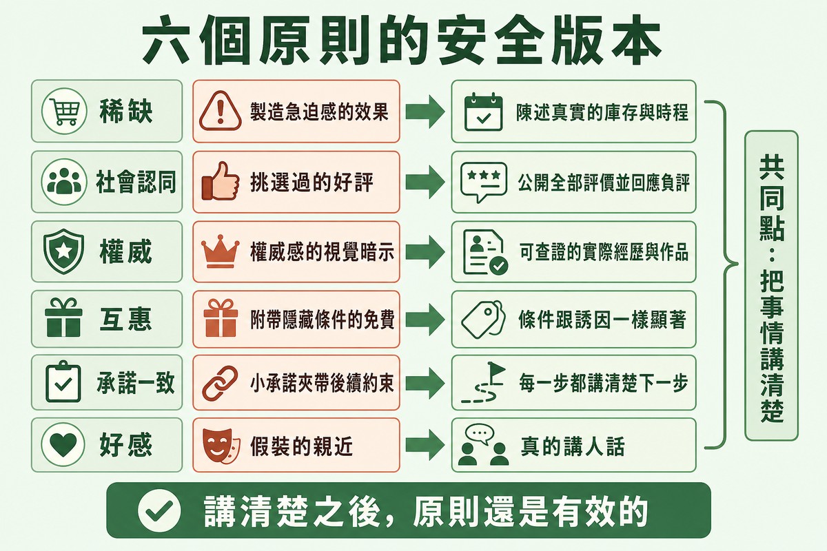 六列原則各配一個危險做法與一個相對安全的做法,右欄共用一個把事情講清楚的括號標註