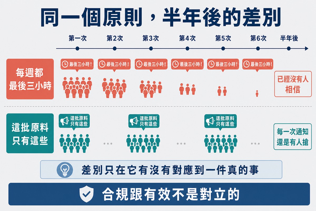 同一條時間軸上,上排每週都喊最後三小時、回應逐漸消失,下排偶爾通知、每次仍有人搶